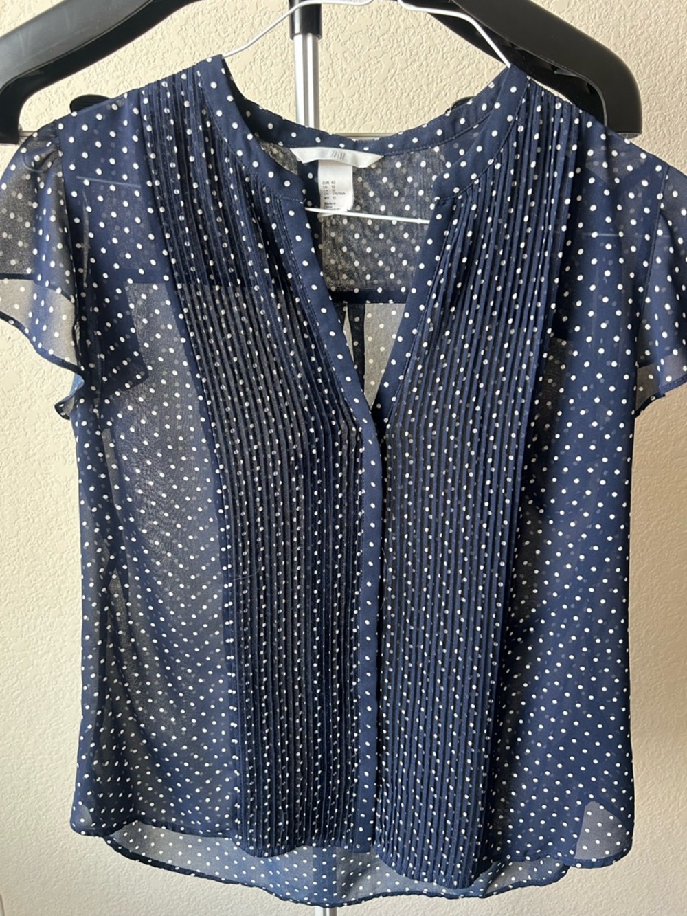 H&M Navy and White Polka Dot Pintuck Blouse